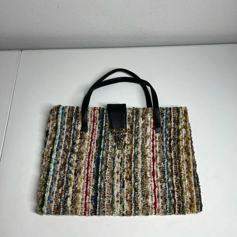 Vintage Sherpa Knit Multicolor Two Black Two Straps Hand Bag Laptop Bag